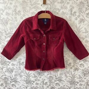Vintage Red Corduroy Snap Button Jacket 90s Distressed Cotton 3/4 Sleeve Sz L